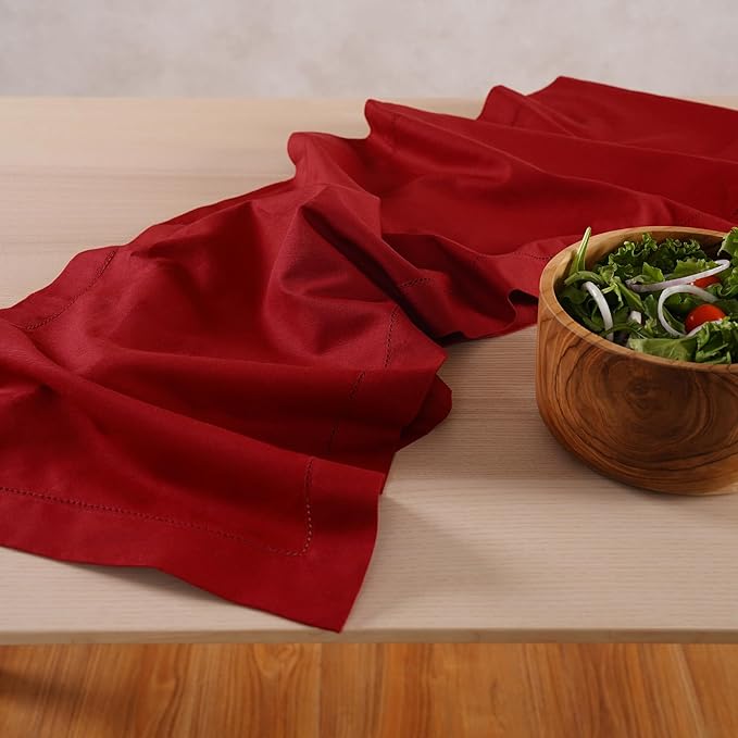 Red Table Runner 90 Inch – Cotton Linen Hemstitch Farmhouse Table Runner 14x90 –Washable Fabric for Dining, Fall, Halloween, Thanksgiving, Spring, Summer, Wedding, Everyday Décor – Serena