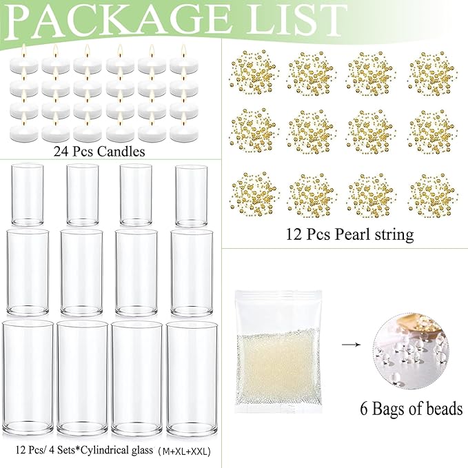 Set of 12 Glass Cylinder Vases for Centerpieces with 8 Pack Vase Filler 12 Pearl String 24 White Floating Candles for Table Centerpieces for Wedding Party Home Decor 5, 6, 8 Inch