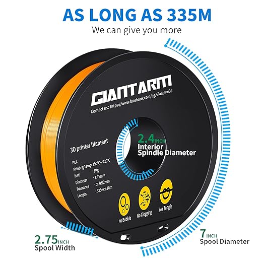 GIANTARM 3D Printer Filament, Orange Pla Filament, 1Kg(2.2lbs) Spool, 1.75mm Dimension Accuracy +/- 0.03mm, 3D Printing Filament