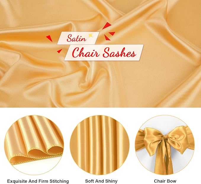 10 PCS Gold Satin Chair Sashes Bows Universal Chair Ribbon Ties Back Sash for Wedding Party Reception Events Banquets Hotel Event Chair Cover Decoration (7x108 inch)