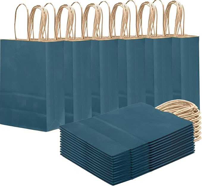 qiqee Ink Blue Gift Bag with Handles Bulk 24Pcs Paper Bags -8.3"x6"x3. 15" Party Favor Bags - Solid Color