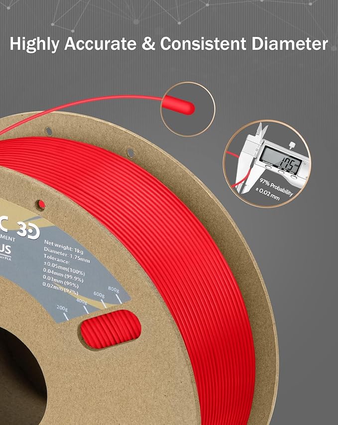 DURAMIC 3D PLA+ Filament 1.75mm 1Kg Rouge Red, PLA Plus Filament 1Kg Spool(2.2lbs) Tougher and Stronger, Dimensional Accuracy Probability +/- 0.02mm