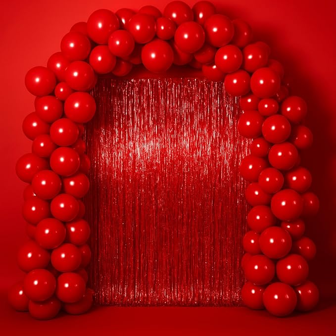 3 Pack 3.3 x 6.6 ft Red Foil Fringe Backdrop Curtains, Tinsel Streamers Party Decorations, Fringe Backdrop for Birthday, Baby Shower, Gender Reveal, Graduation