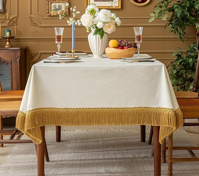 F-CHU Luxury White Tablecloth Thickset Velvet Tablecloth with Beautiful Gold Tassels Vintage Table Cloth for Home Decor Wedding, Party, Banquet and Events 60x102-Inch