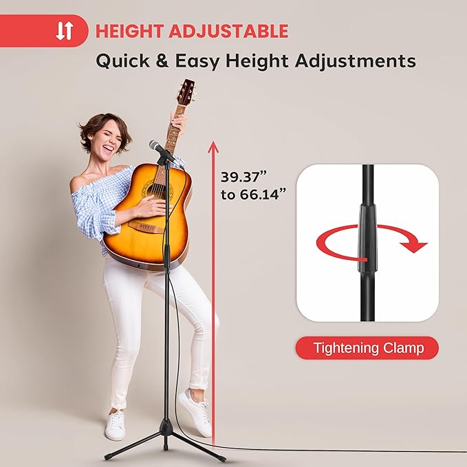 Pyle Tripod Microphone Stand, Height Adjustable from 39.37" to 66.14'', Mic Stand for Floor, Sturdy and Durable Build, Non-Slip Rubber Feet, With 5/8" Screw Adapter, Cable Clip, Compact Folding Design