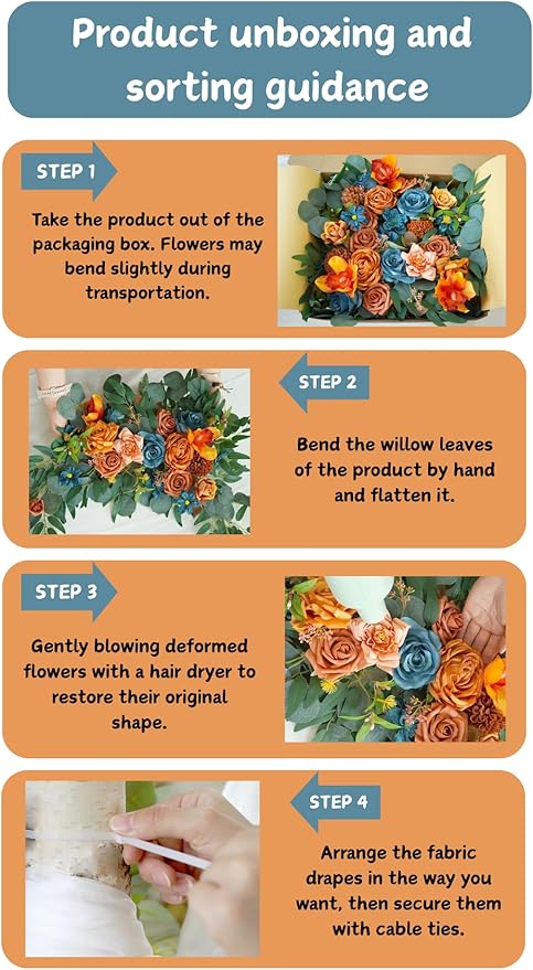 Artificial Wedding Arch Flowers Kit(Pack of 4),2Pcs Artificial Flower Arch Decor, 2Pcs Chiffon Fabric Drapes, Ceremony Decoration, Floral Outdoor Party Decor (Burnt Orange & Dark Teal)