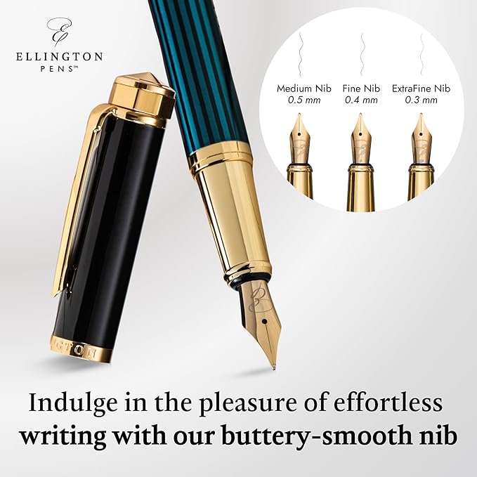 Ellington Pens Luxury Fountain Pen Set- Fountain Pens for Writing - Smooth Extra Fine Nib - Includes Refillable Ink Converter, 3 Ink Cartridges [Black & Blue], Gift Box - Elegant Calligraphy