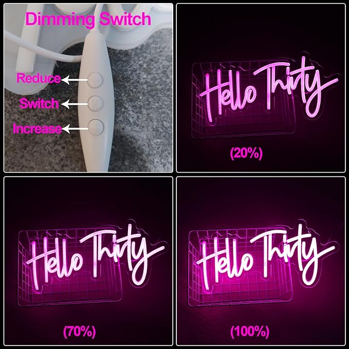 Pink Hello Thirty Neon Sign for Wall - 30th Birthday Gifts for Women Party Photo Background - Hanging Light for Wedding Anniversary Party Decor