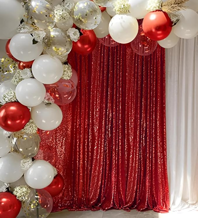 Red Sequin Curtain 8FTx8FT 1 Panel Glitter Metal Background Drape Shimmer Wall Backdrop Curtain for Parties Photography Weddings Showers Christms Festivals