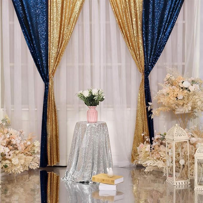 Juya Delight 2ft x 8ft x 2Pcs Navy Blue Sequin Photography Backdrop Curtain for Wedding Party Decoration Festival Ceremony