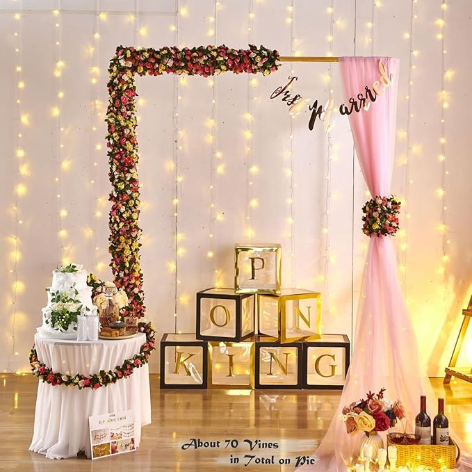8 Pcs x 8.2 ft Flower Garland Artificial Rose Vine Flowers with Green Leaves Hanging Fake Roses Vine for Room Party Home Wedding Birthday Christmas Wall Arch Decor, Champagne Flower