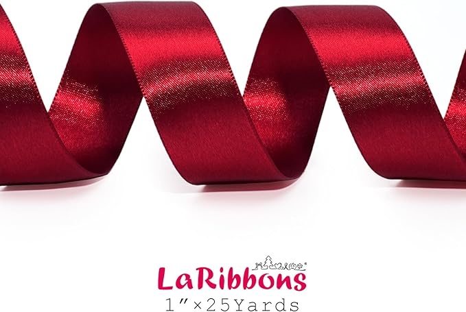 LaRibbons Burgundy Satin Ribbon 1 Inch 50 Yards Luxury Double Faced Red Silk Ribbon for Flower Bouquet Crafts Gift Wrapping Wedding Bow Christmas Decoration