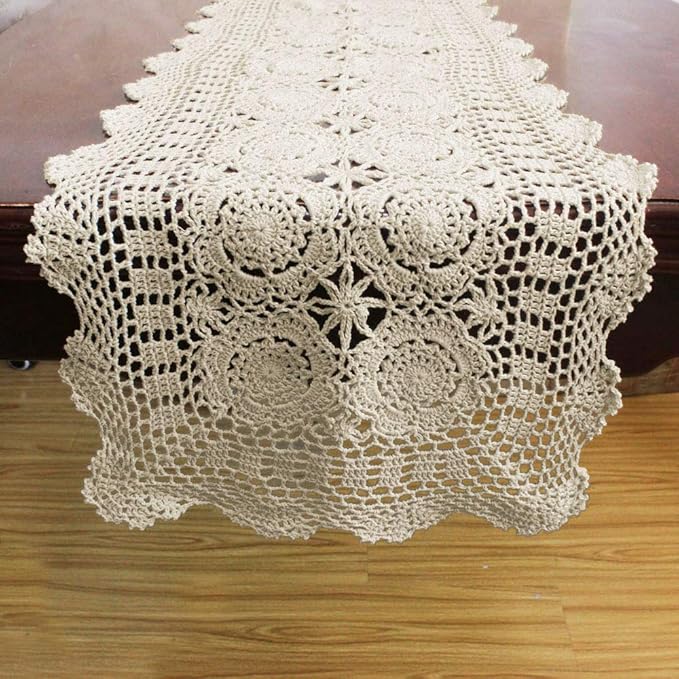 KEPSWET Cotton Handmade Crochet Lace Table Runner Beige Rectangle Coffee Table Dresser Decor (14x96 inch)