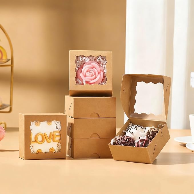 RomanticBaking 3 ¼" x 3 ¼" x 1 ½" 100PCS Cookies Boxes Soap Box Chocolate Truffle Boxes for 4, Mini Bakery Boxes with Window for Brownie,Macaron,Donut