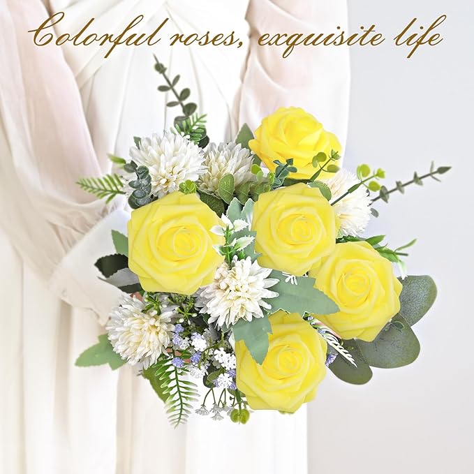 BLEUM CADE 16Pcs Artificial Flowers Fake Roses with Stems, Yellow Boxed Foam Roses for DIY Bouquets Centerpieces Wedding Party Arrangement Bridal Shower Decor