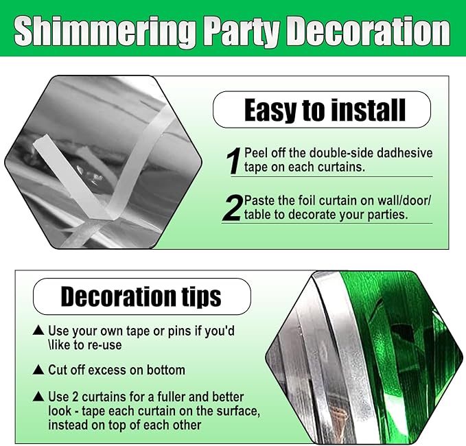 6 Pack Silver Green Foil Fringe Curtain Backdrop, 3.28Ft x 8.2Ft Metallic Tinsel Foil Fringe Streamer Curtains for Photo Booth, Birthday, Wedding, New Year Party Decorations
