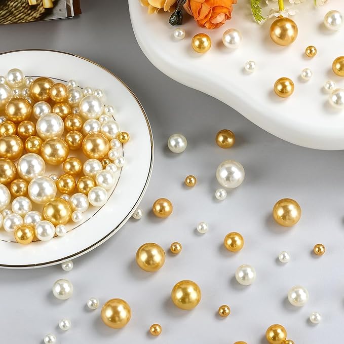 520Pcs Gold&Cream Beads for Centerpieces Decor, Artifical Pearls Vase Filler, Large Beads for Makeup Brush, No Hole Round Pearl Beads for Wedding Birthday Christmas Party Home Decor(18mm 14mm 6mm)
