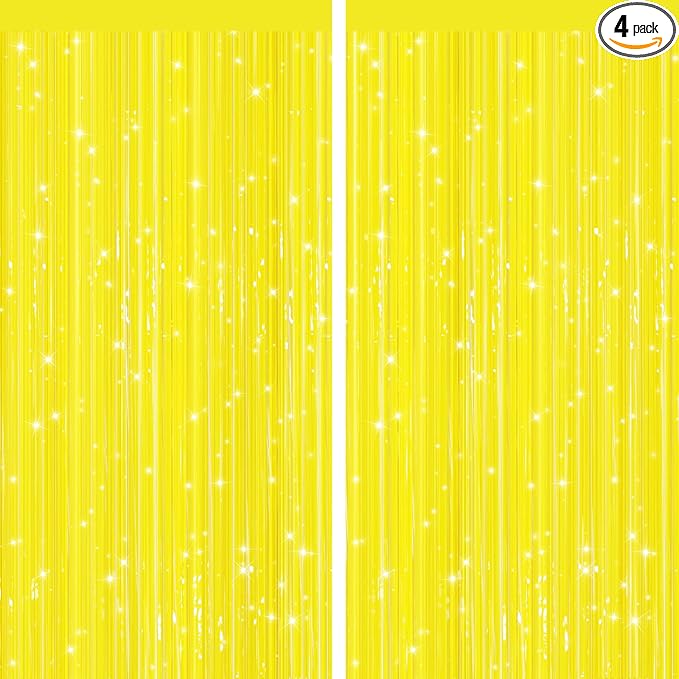 2 Pack Yellow Metallic Tinsel Foil Fringe Curtains, Door Streamers Photo Booth Backdrop for Birthday Party, Tinsel Curtain Backdrop for Baby Shower Bachelorette Christmas Party Decorations