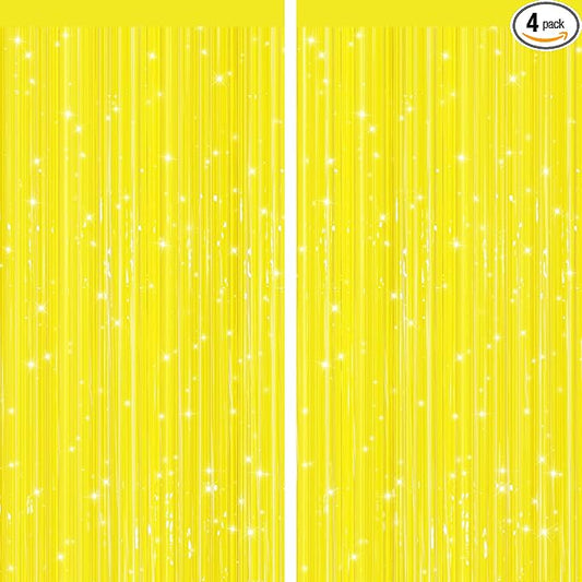 2 Pack Yellow Metallic Tinsel Foil Fringe Curtains, Door Streamers Photo Booth Backdrop for Birthday Party, Tinsel Curtain Backdrop for Baby Shower Bachelorette Christmas Party Decorations