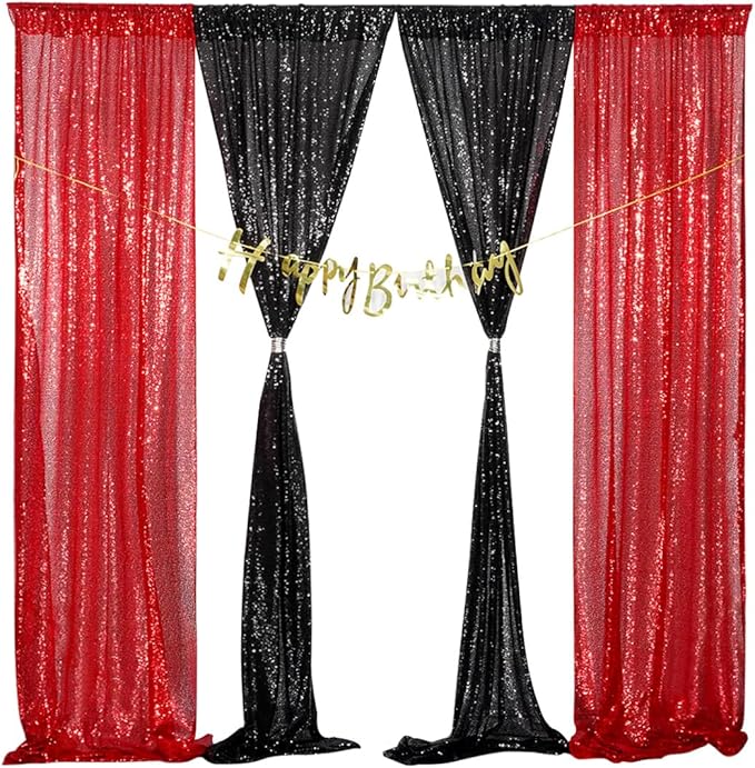 4 Panels Black&Red Sequin Backdrop Curtain 2FTx8FT Glitter Sequin Backdrop Curtains for Birthday Party Wedding Decoration