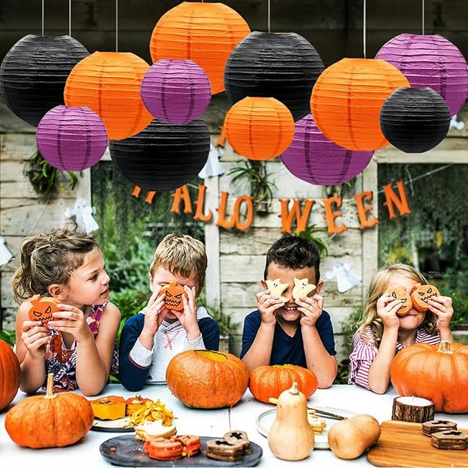 Orange Purple Black Paper Lanterns Decorative 12pcs Halloween Hanging Decorations for Graduation Thanksgiving Birthday Party Decorations