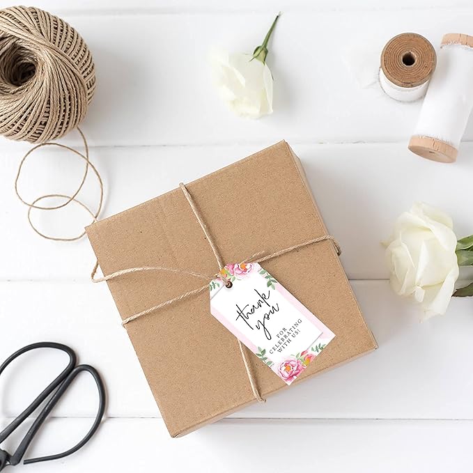 Andaz Press 100-Pack Thank You For Celebrating With Us Favor Tags Pink Peonies Cardstock Gift Tags with Bakers Twine for Wedding Baby Shower Bridal Shower Birthday Holiday Party Favors 2 x 3.75-Inches