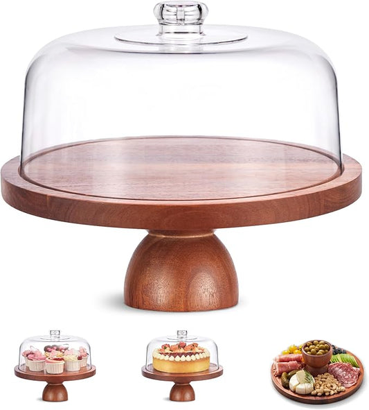 Kootek Wood Cake Stand with Lid, 2-in-1 Wooden Cake Plate & Covered Charcuterie Board, Footed Cake Container Dessert Display Holder with Dome Cover for Weddings, Parties, Bakeries (12 Inch)