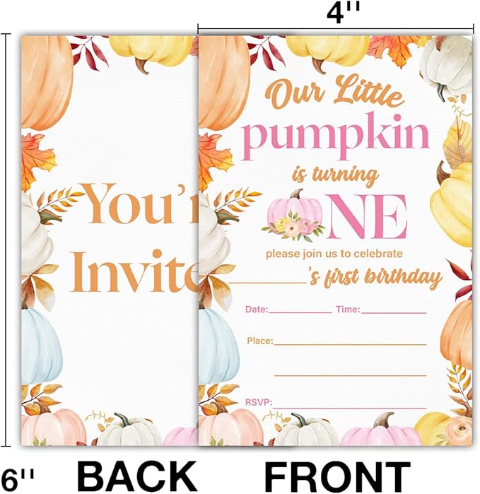 Pumpkins First Birthday Party Invitations for Baby Girl Little Pumpkin 1st Birthday Party Fill in Invites Cards With Envelopes (20 Count), Double Sided Design