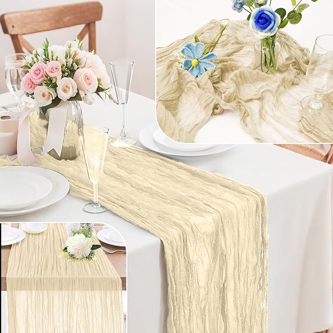 10-Pack Beige Cheesecloth Table Runners – 10FT (35x120 Inch) Boho Rustic Gauze Fabric Cheese Cloth Table Runner for Weddings, Baby Showers, Bridal Shower, Farmhouse & Birthday Party Decor
