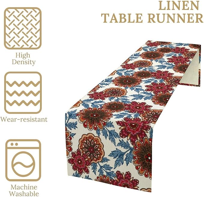 Mandala Flower Table Runner, Vintage Oriental Exotic Native Red Floral Blue Branch Leaves Botanical Print Table Runner for Farmhouse Kitchen Dining Table Decor, 13x120inch