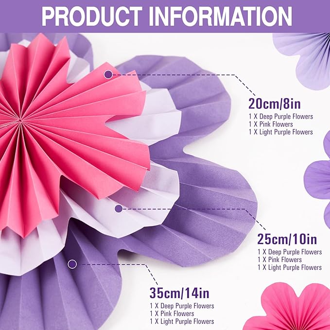Paper Flowers Decorations for Wall Purple Paper Fans Classroom Decoration Floral Backdrop Decor Fans Hanging Pink Flower Wall Decor, Set of 9