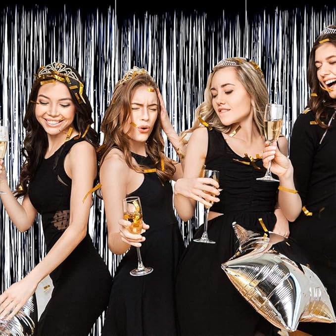BEISHIDA 4 Pcs Black Door Streamers Tinsel Curtain Party Streamers Backdrop Fringe Foil Wall Background for Birthday Halloween Christmas Wedding Party Decoration(3.28 ft x 6.56 ft)