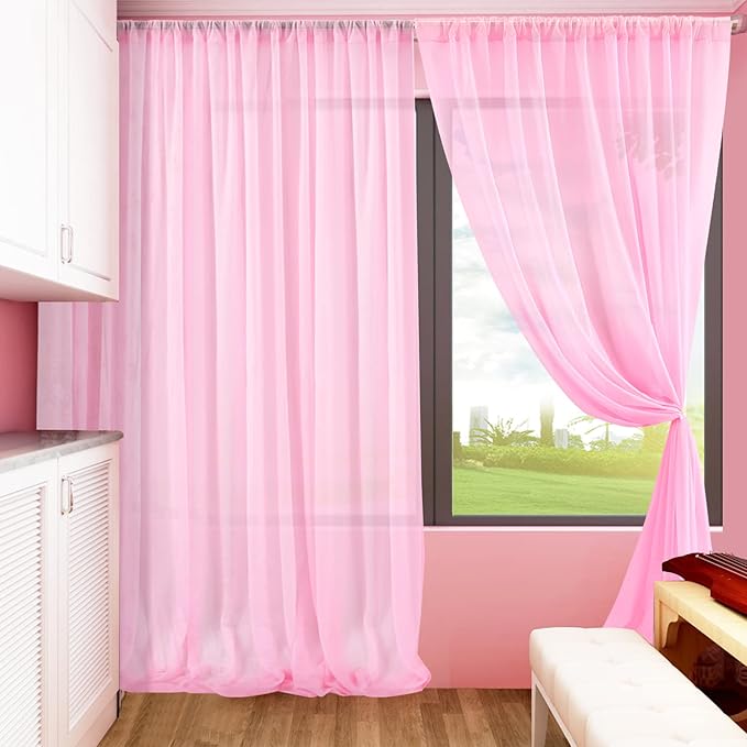 PARTISKY 10x7ft Pink Chiffon Backdrop Curtains, Wrinkle-Free Sheer Fabric Photo Drapes for Wedding Ceremony Arch Birthday Baby Shower Photography Stage Decor 5x7ft, 2 Panel