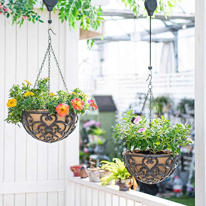 Sungmor 2PC 11" Dia. Large Cast Iron Hanging Baskets w/Fabric Liner, Rustic Brown Heavy-Duty Outdoor Hanging Planters Plant Pot Holders, Garden Yard Terrace Patio Porch Decorative Metal Flower Basket