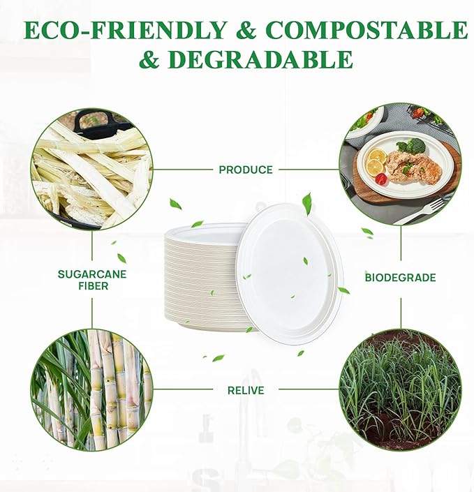 Vplus 100% Compostable Oval Paper Plates 12 inch 125 Pack Super Strong Disposable Paper Plates Bagasse Natural Biodegradable Eco-Friendly Sugarcane for BBQ, Party, Dinner, and Picnic