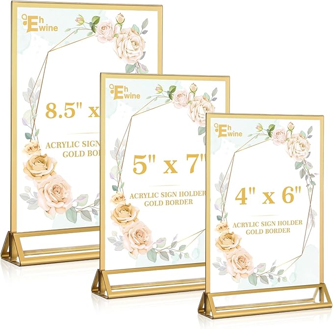 EHWINE 24 Pack Acrylic Sign Holder 4 x 6, Double Sided Gold Picture Frame Stand up Table Top Sign Holders, Clear Display Stand Menu Flyer Holder for Wedding Party
