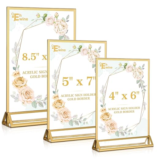 EHWINE 14 Pack 8.5×11 Clear Acrylic Sign Holder with Gold Borders and Vertical Stand, Double Sided Table Menu Holders Picture Frames for Wedding Table Numbers, Restaurant Signs, Photos and Art Display