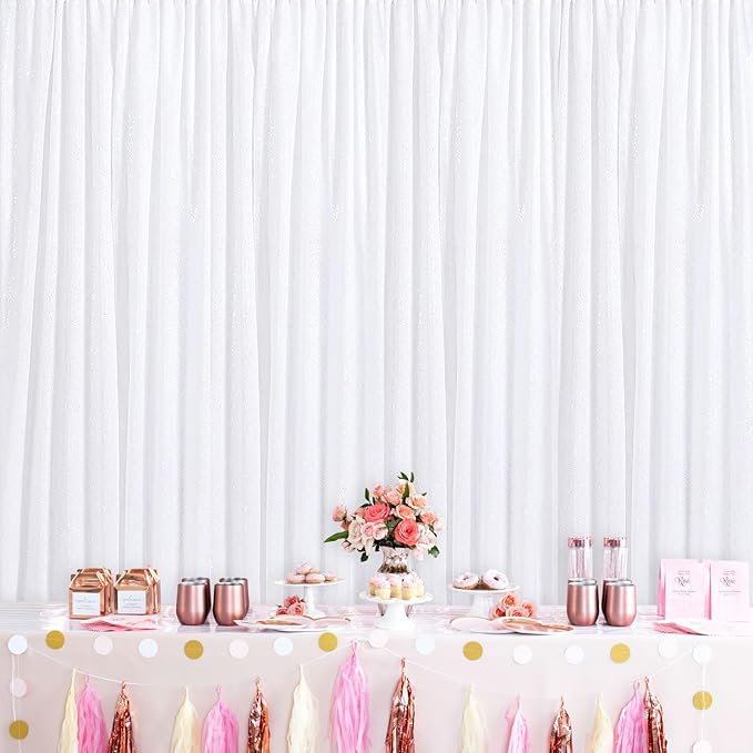 White Backdrop Curtain for Wedding Parties - 2ftx8ft Sparkly Sequin Fabric Drape 6 Panels White Curtain Baby Shower Birthday