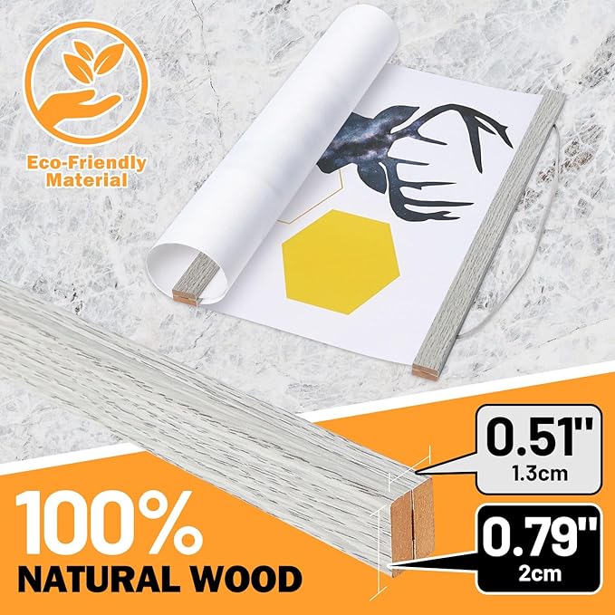 Magnetic Poster Hanger, 9x12 9x14 9x17 Poster Frame Wood Wooden Magnet Print Posters Dowel Scroll Hanger Hangers Hanging Kit for Walls Map Canvas Artwork (Grey, 9")
