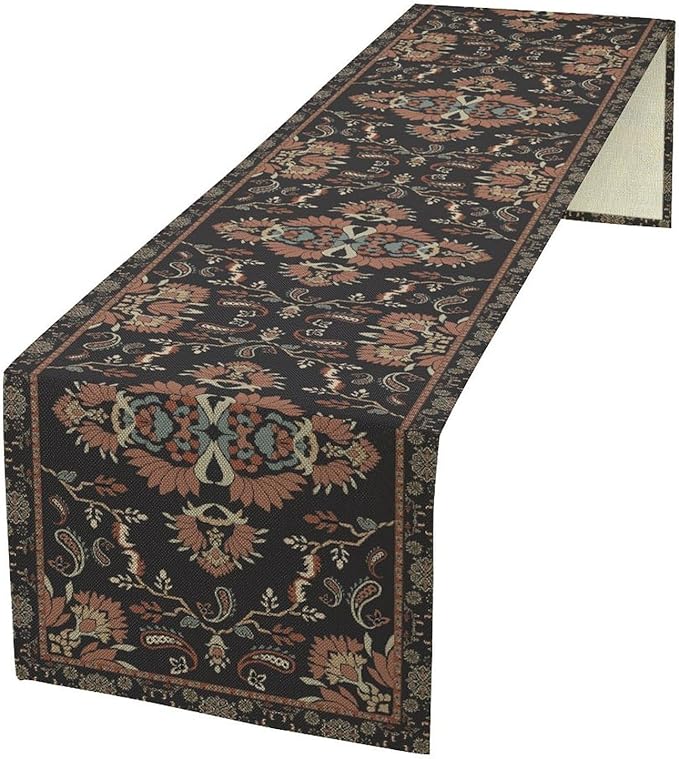 Boho Paisley Farmhouse Table Runner, Vintage Red Blue Retro Flower Rustic Country Style Floral Print Pattern for Home Kitchen Table Decor Dining Coffee Room Garden Party Decor 13x60in