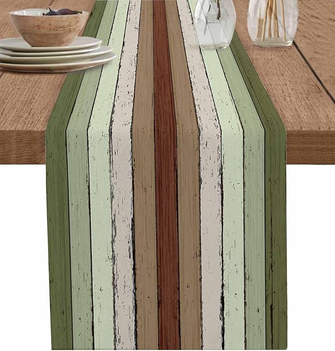Sage Green Wooden Cotton Linen Table Runner for Dining Kitchen, Wedding Outdoor Party Tablerunners Decoration, Vintage Country Retro Distressed Grain Dresser Scarf Coffee Tablecloth Runners 13''x120''