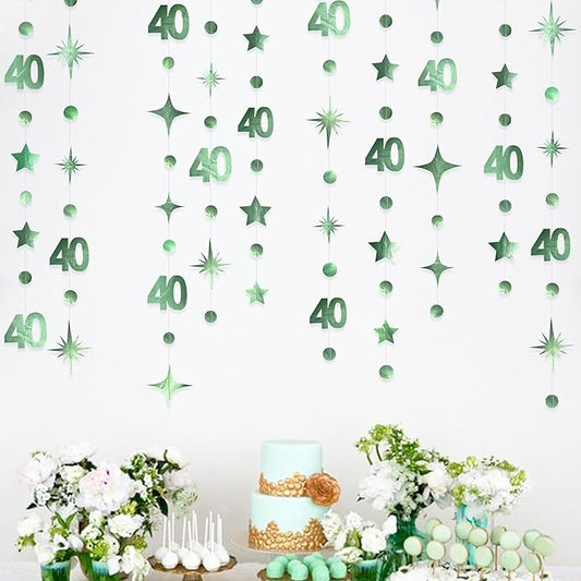 Sage Green 40th Birthday Decorations Number 40 Circle Dot Twinkle Star Garland Metallic Streamer Banner Backdrop for Women Mens Cheers to 40 Years Old Birthday Happy 40th Anniversary Party Supplies