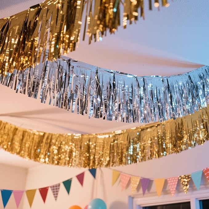 4 Pack Red Total 40 Feet Foil Fringe Garland Metallic Tinsel Banner Wall Hanging Drapes Parade Float Skirting Decorations for Trailer Mardi Gras Party Birthday Wedding Baby Shower