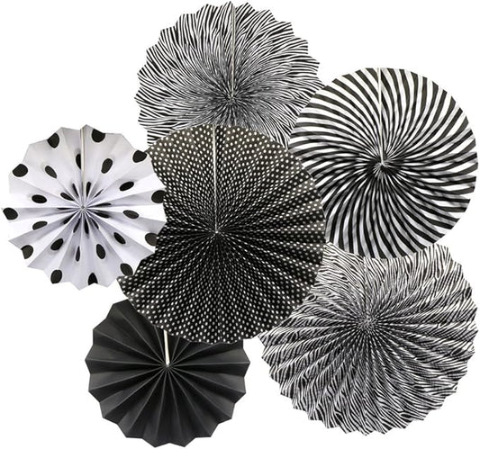 Party Hanging Paper Fans Set, Black Round Pattern Paper Garlands Decoration for Birthday Wedding Graduation Events Accessories, Set of 6