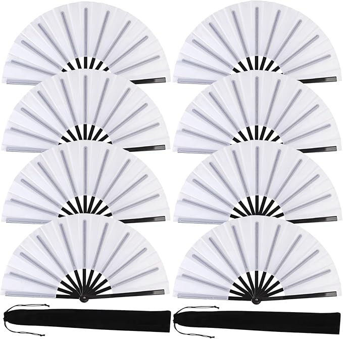 8 Pack Large Folding Hand Fans for Women/Men, Kungfu Taichi Rave Folding Fan with Bag, Large Popping Clacking Fans for Line Dancing, Concert, Party, Festival, Home Decorations(White)