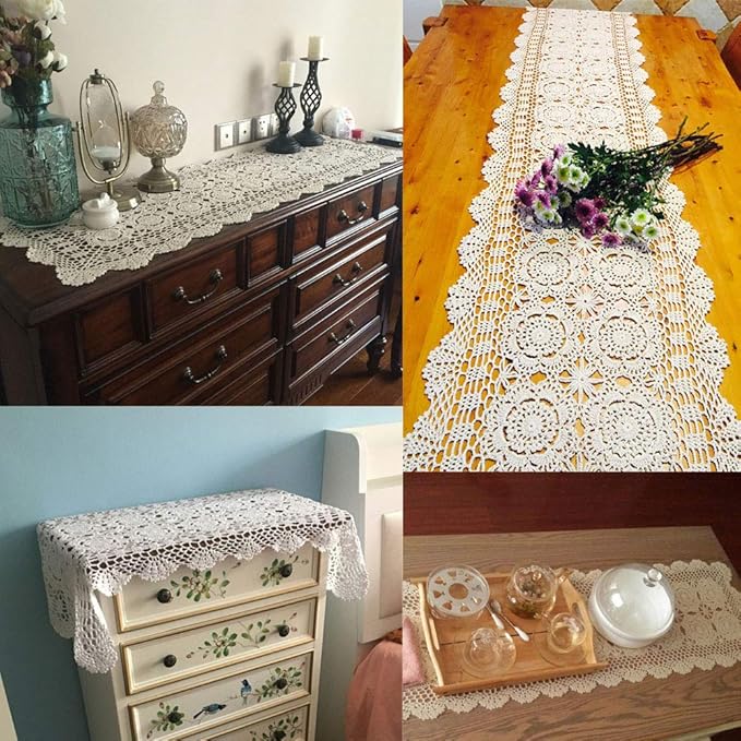 KEPSWET Cotton Handmade Crochet Lace Table Runner Beige Rectangle Coffee Table Dresser Decor (14x72 inch)