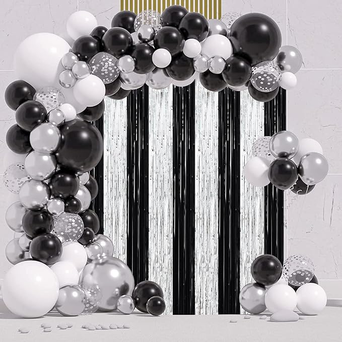 3 Pack 3.3 x 8.2 ft Black and Silver Foil Fringe Backdrop Curtains, Tinsel Streamers Party Decorations, Fringe Backdrop