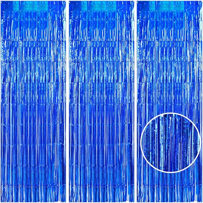 TONIFUL 3Pcs Laser Blue Door Streamers, Photo Booth Backdrop Metallic Streamers Foil Fringe Curtains for Birthday, Christmas, New Year, Bachelorette, Grad Party Decor (9.9ft x 6.6ft)