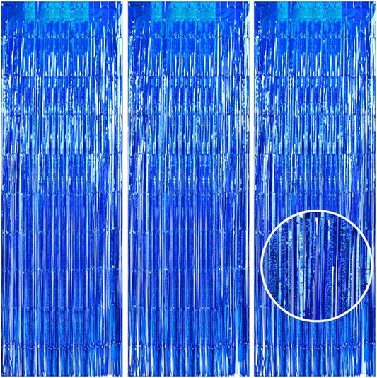 TONIFUL 3Pcs Laser Blue Door Streamers, Photo Booth Backdrop Metallic Streamers Foil Fringe Curtains for Birthday, Christmas, New Year, Bachelorette, Grad Party Decor (9.9ft x 6.6ft)