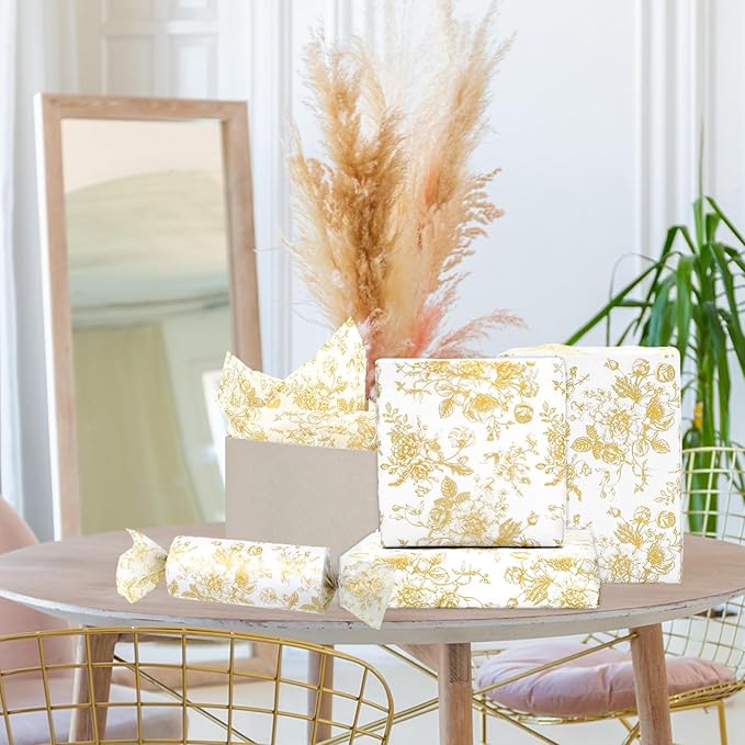 JarThenaAMCS 100 Sheets Floral Tissue Paper Gold Flower Gift Wrapping Paper Vintage Decorative Art Paper for Home Party DIY Crafts Supplies, 14 x 20 Inch